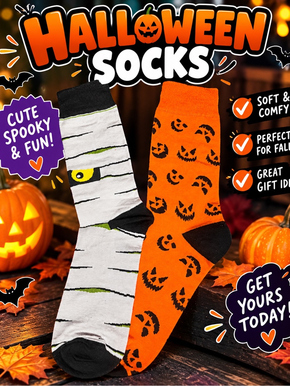 Halloween Crew Socks - Orange Jack-O'-Lantern & White Mummy Pair